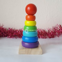 Занимателна играчка дървена пирамида с цветни рингове Монтесори пъзел