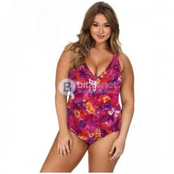 2XL/3XL- 22W размер, Дамски дизайнерски бански в цикламено на цветя, ляти дунапренови чашки, марка a